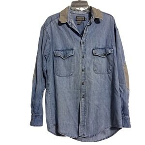 Vintage Ruff Hewn Denim Chore Shirt Jacket Men's SZ L Elbow Patch Button Up